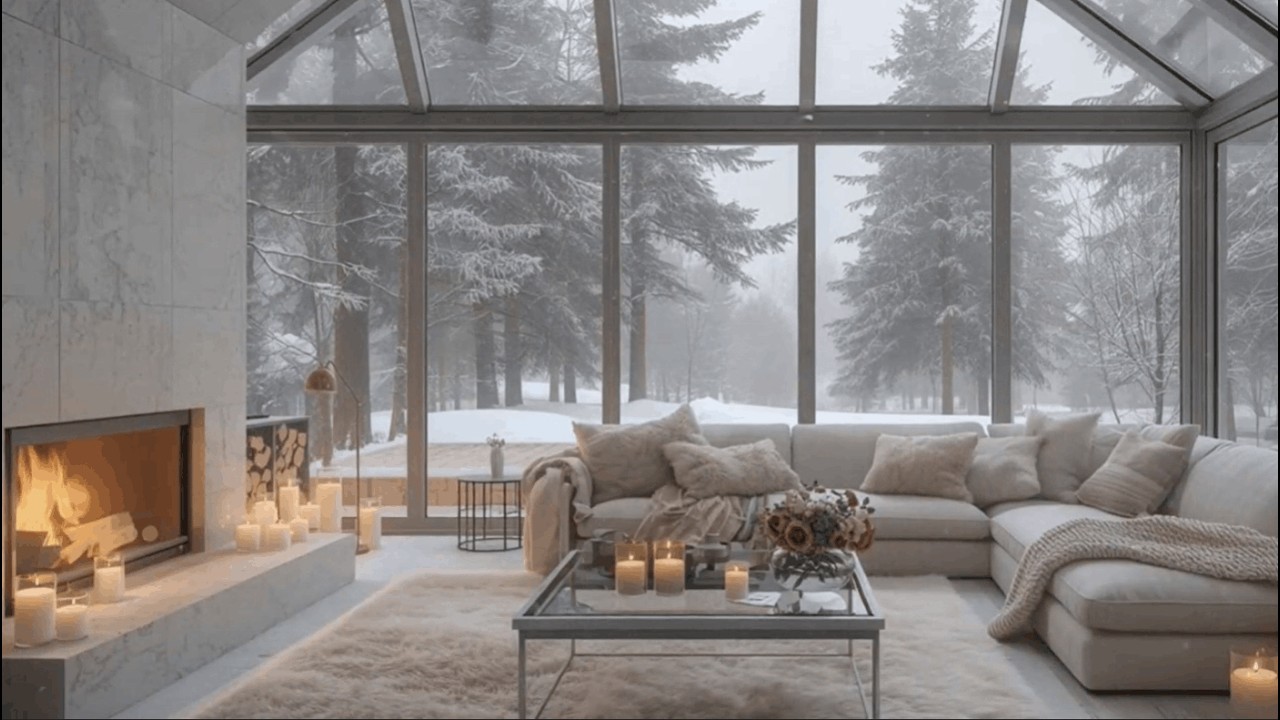 Tranquil Winter Cabin Living Room ❄️ Piano & Fireplace for Stress Relief 5