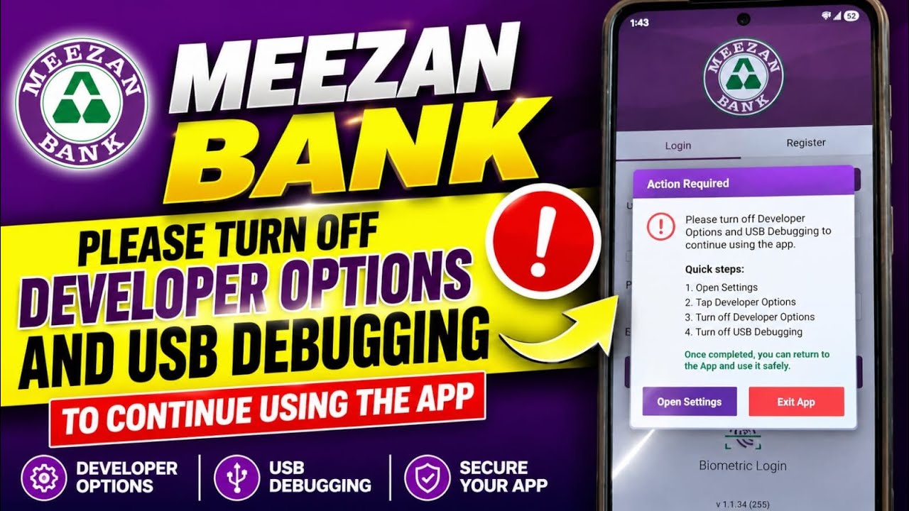 Meezan Bank App Error Fix | Please Turn off Developer options and USB Debugging