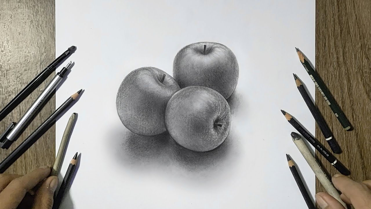 Gambar sketsa buah apel dengan menggunakan Pensil 2B