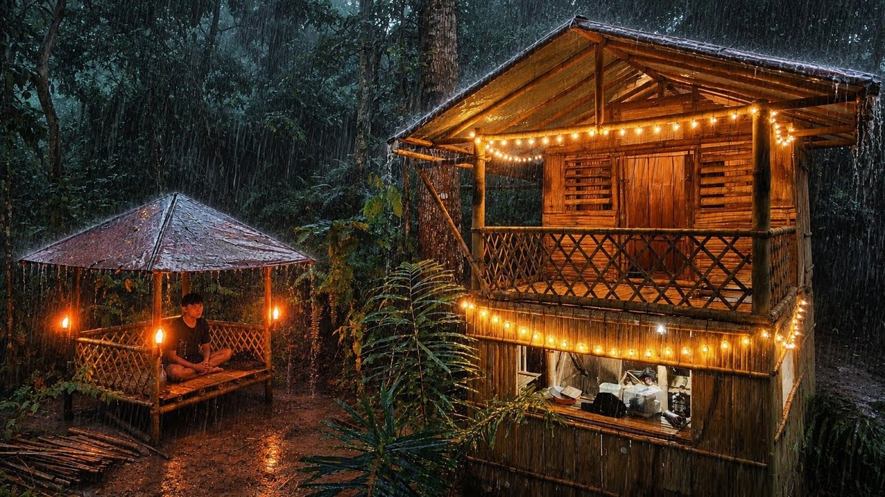 Solo camping shelter dua tingkat setelah satu tahun hujan deras seharian||solo camping bushcraft