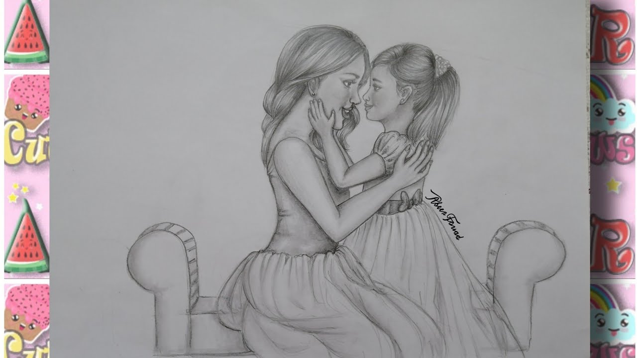 رسم سهل | تحويل قلب لرسمة معبرة عن حب الام | رسم ام تحتضن بنتها
