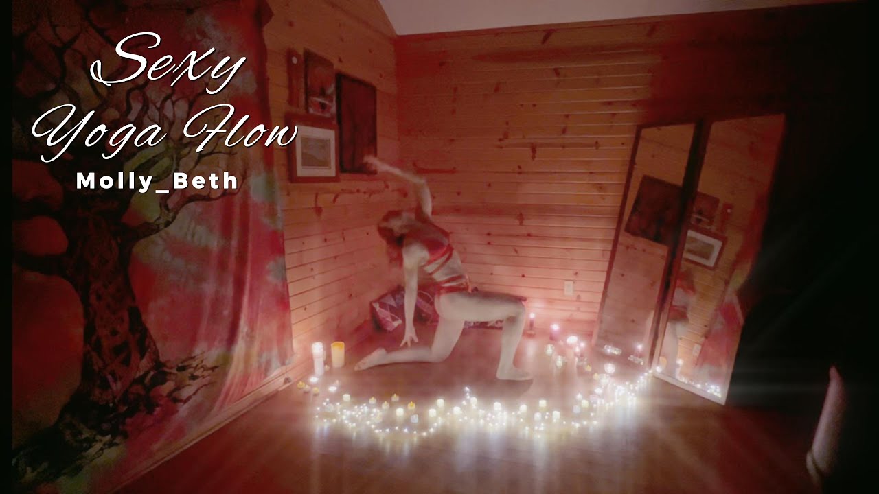 Sexy Yoga Dance Flow Woman in Red Bikini Lingerie in a Studio with Mirrors and Candles