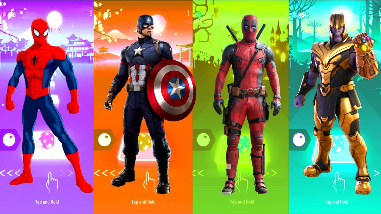 Spiderman 🆚 Captain America 🆚 DeadPool 🆚 Thanos | Marvel Heroes | Tiles Hop Fun Ball