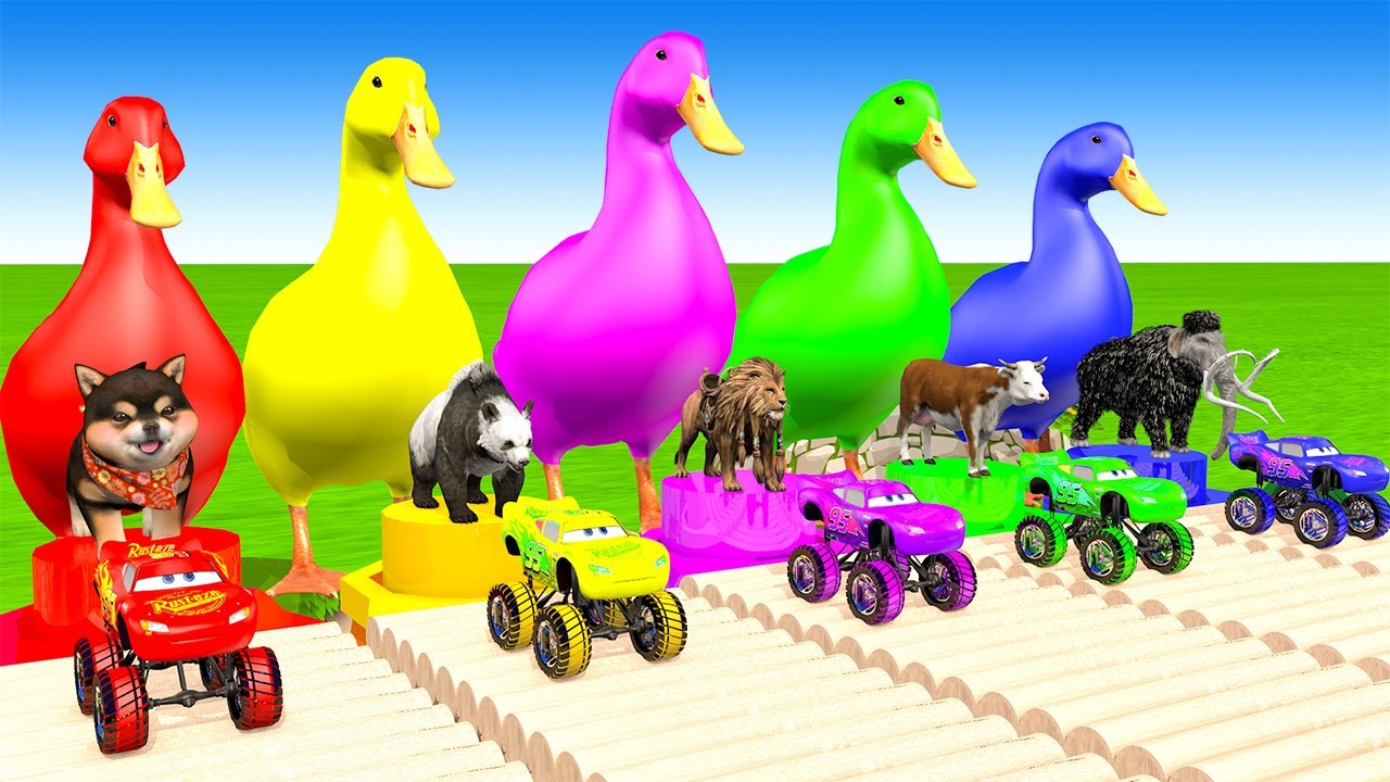 5 Giant Duck Cartoon,Cow,Mammoth,Elephant,Lion,Tiger Paint Wild Animals Crossing Fountain Animation