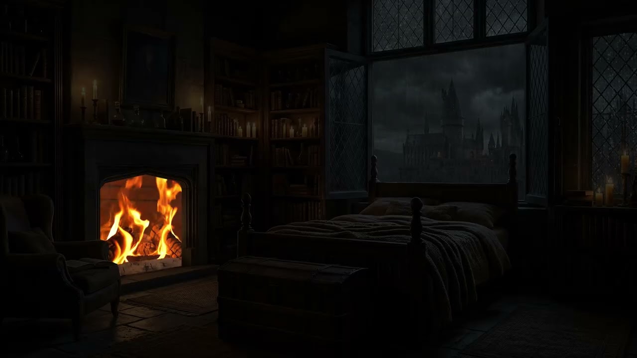 Rain Falling Outside the Castle | Cozy Fireplace Bedroom at Night | Peaceful Rain Ambience for Sleep