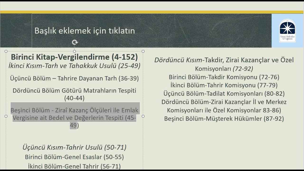 12-VUK 1.2.5-ZİRAİ KAZANÇ ÖLÇ. İLE EMLAK VER. AİT BEDEL VE DEĞ. TESPİTİ (45-49 Md.) / VERGİ HUKUKU