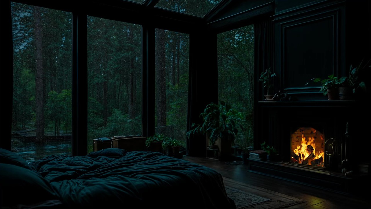 (No Ads) Rainy Forest Glass House & Cozy Fireplace • 5 Minutes to Deep Sleep 🌙Calm Mind & Insomnia