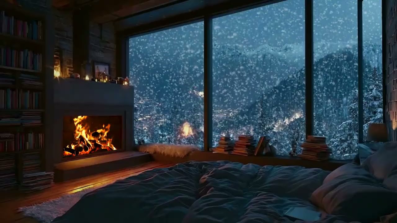 Heavy Snow Falling Outside a Warm Log Cabin | Crackling Fireplace Sounds for Deep Sleep and Calm