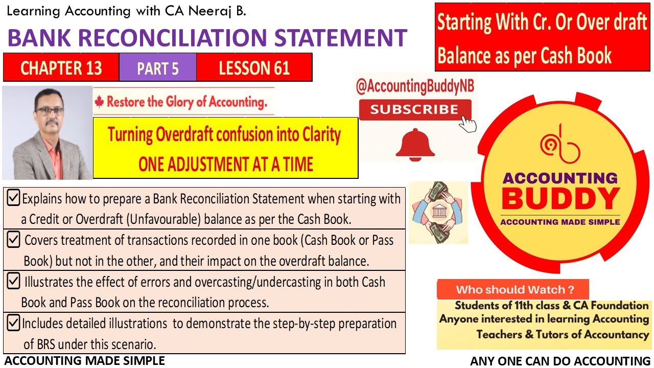 LESSON 61 C13 P5 BRS- Starting with Overdraft of Unfavorable  Credit Balance as per Cash  Book