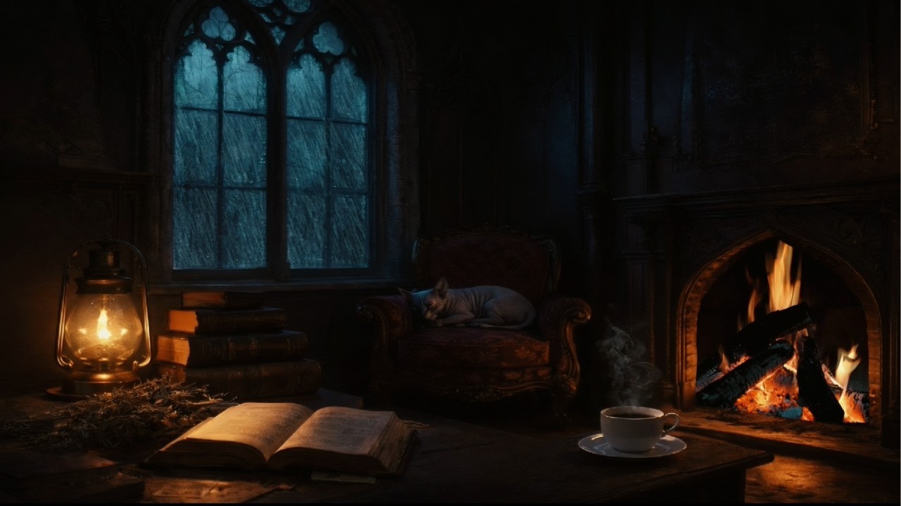 Cozy Rain ASMR with Sleeping Cat 🐱🌧️ Fireplace Sounds for Deep Sleep