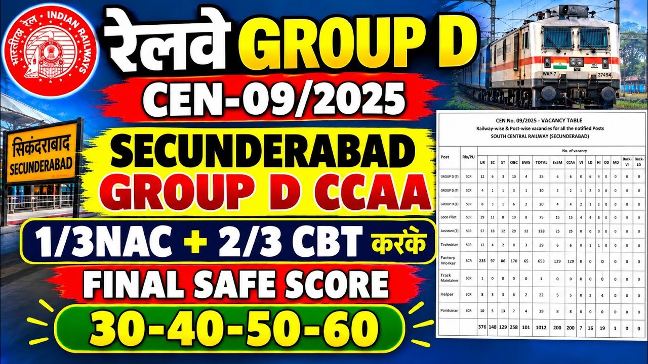 रेलवे GROUP D 2026 | GROUP D CCAA ZONE WISE EXPECTED SAFE SCORE, SCR SECUNDERABAD ANALYSIS, CUTOFF