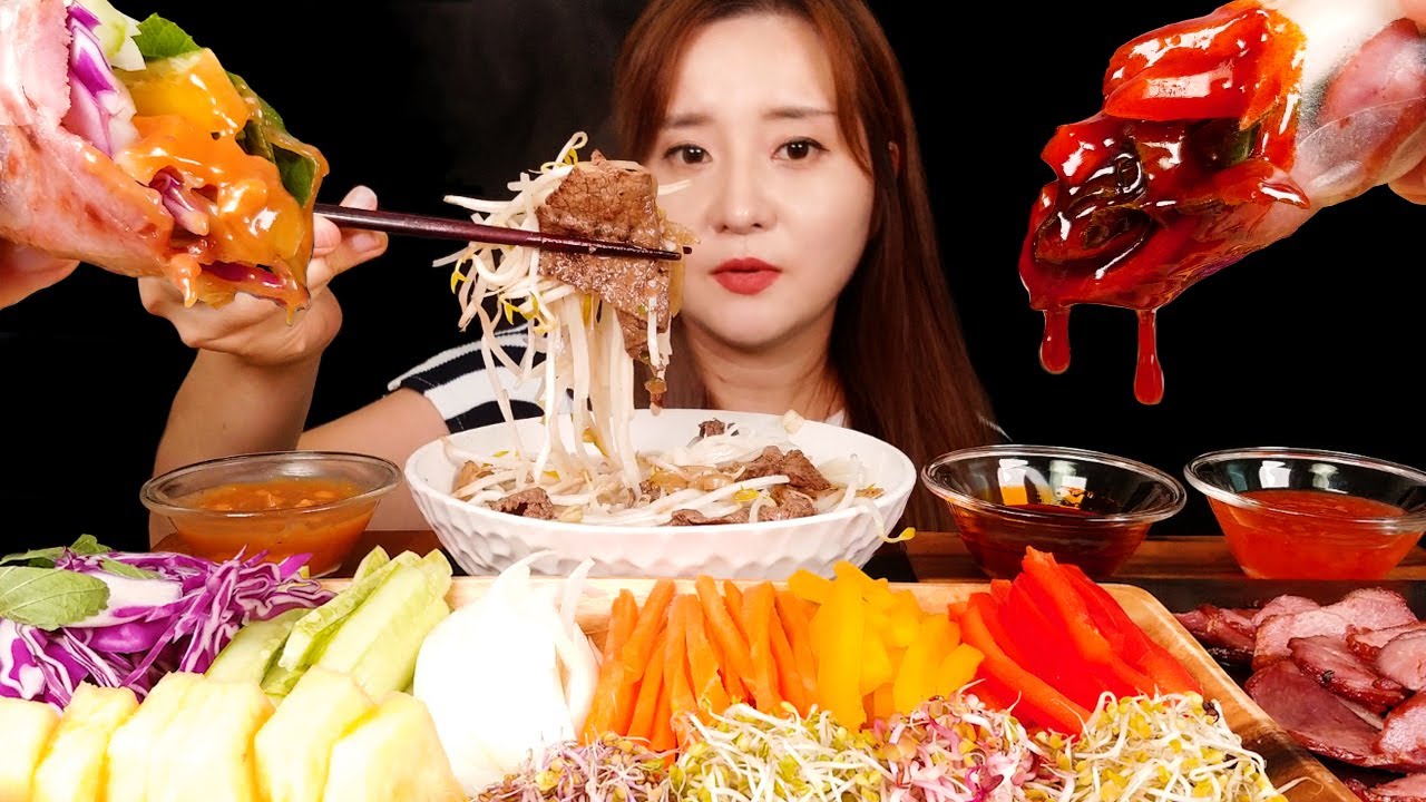 приготовление MUKBANG :) вьетнамские рулеты из рисовой бумаги, рисовая лапша с говядиной