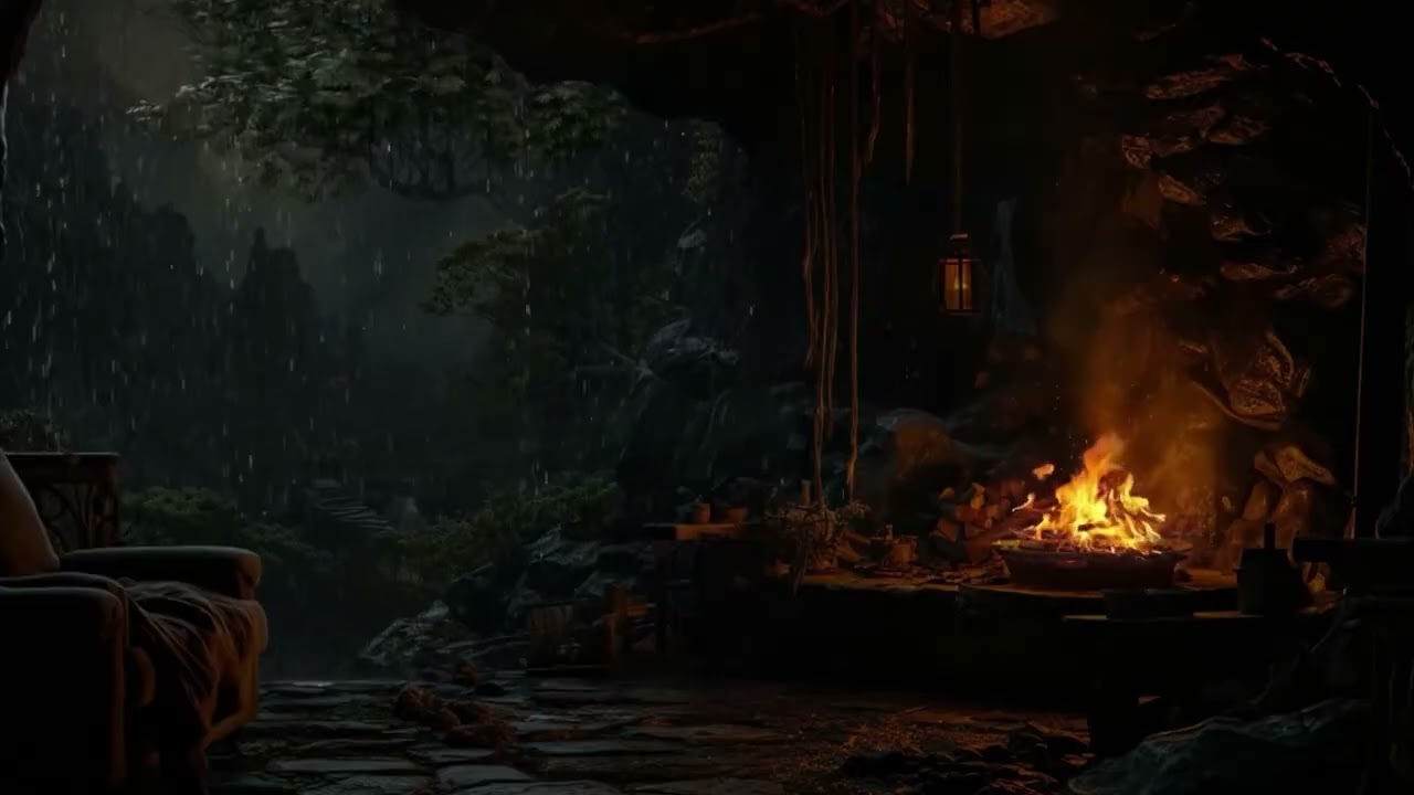 Ad Free Deep Sleep in a Warm Cave 🌧️ Gentle Rain & Fireplace Ambience to Relax After a Long Day🔥