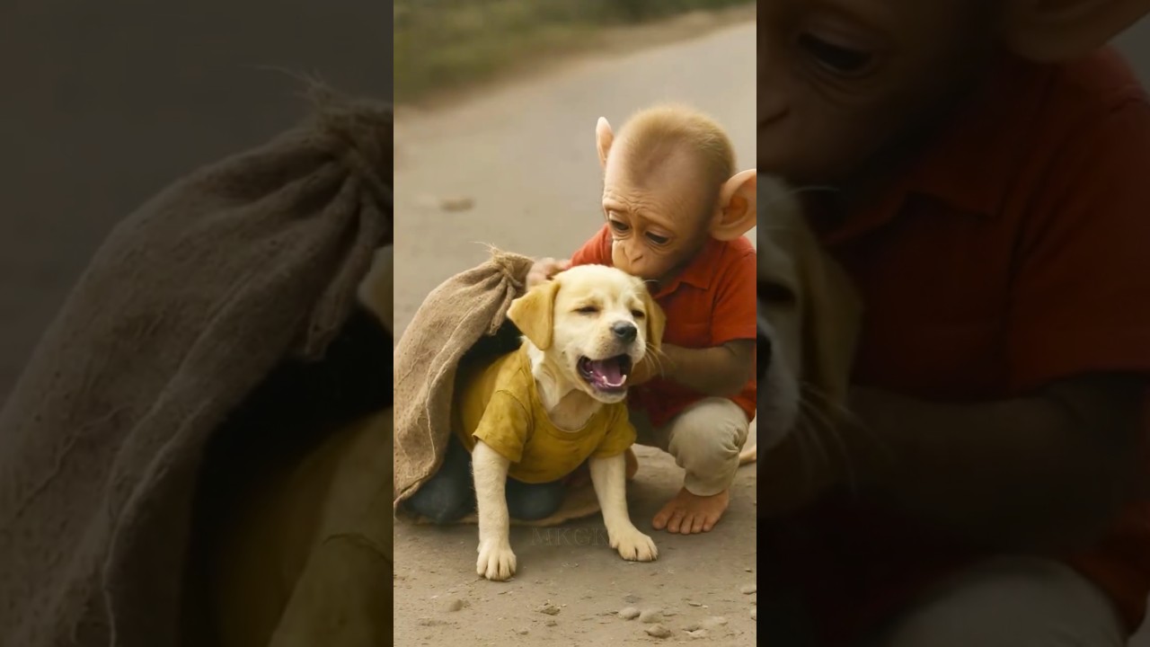 the Little monkey baby friend the Little baby dog!!