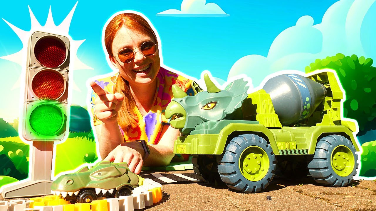 Spielzeug Video mit Irene und Spielzeugautos. Wir bauen eine Stra&szlig;e f&uuml;r das kleine Dino-Auto