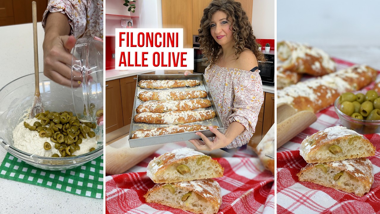 Filoncini di pane alle olive super croccanti senza impasto! Facilissimi da preparare!