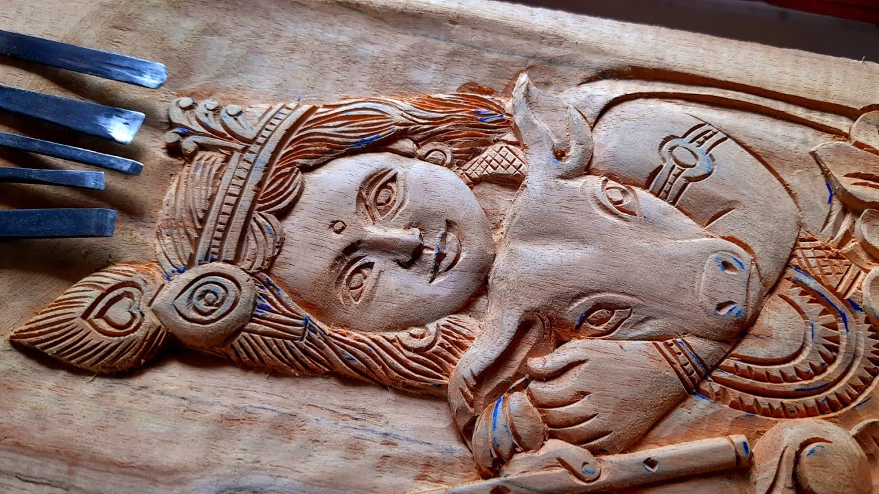 |wood carving God krishna|wood working krishna and cow|UP wood art|wood design|