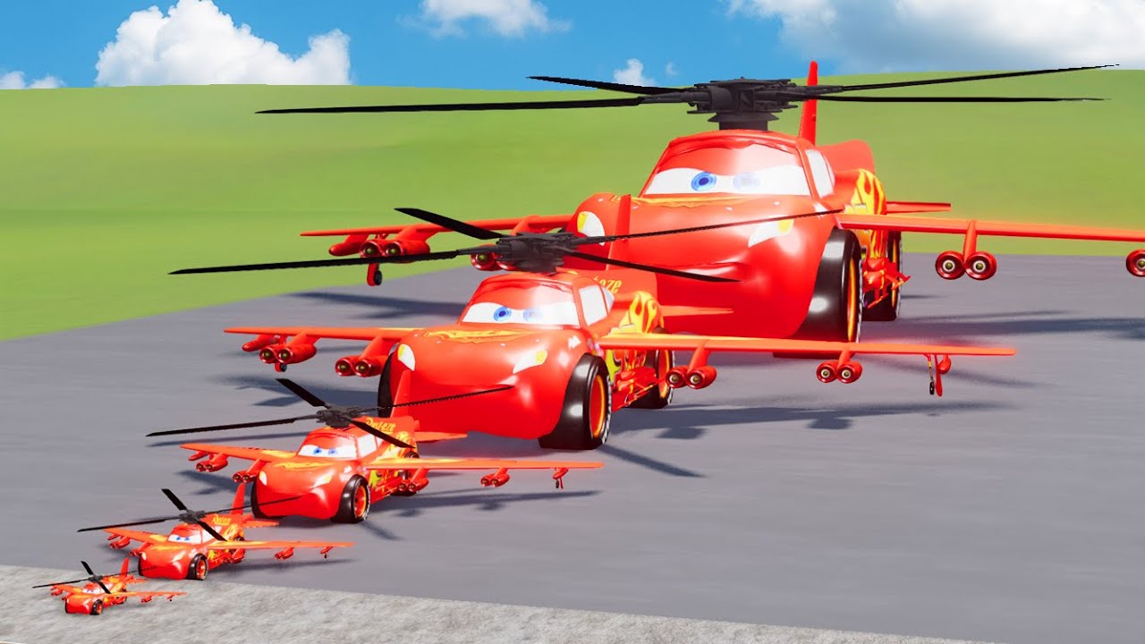 Big & Small McQueen Millitary Helicopter Lightning VS Train | BeamNG.drive