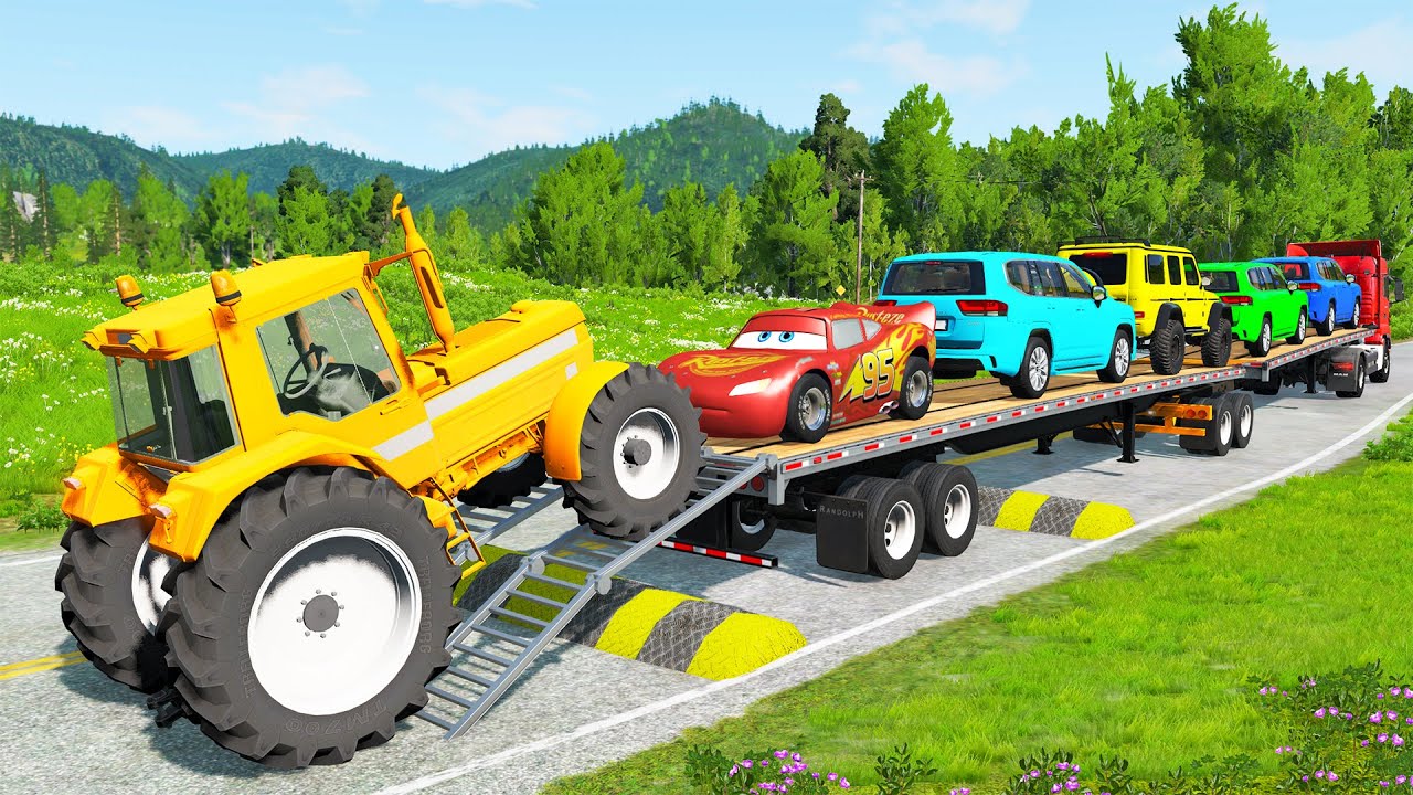 Flatbed Trailer McQueen Transportation with Truck - Speedbumps vs Cars vs Train - BeamNG.Drive #2