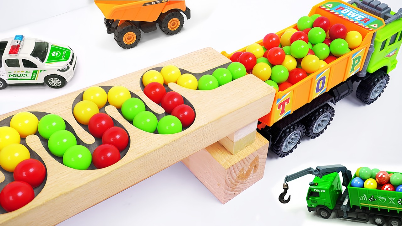 Marble Run Race ☆ HABA Slope&Retro Makita Truck, Excavator, Garbage Truck, Dump Truck,Ambulances#9