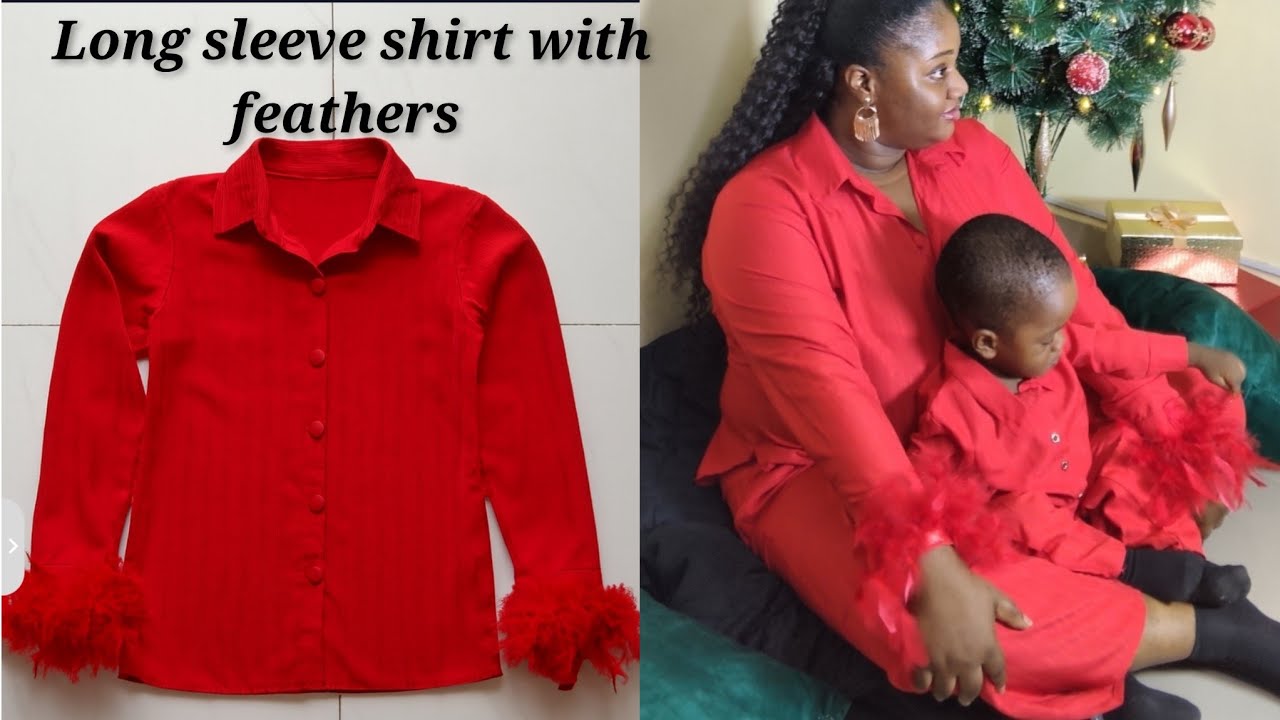 How to cut and sew shirt with collar, and long sleeves with feathers 