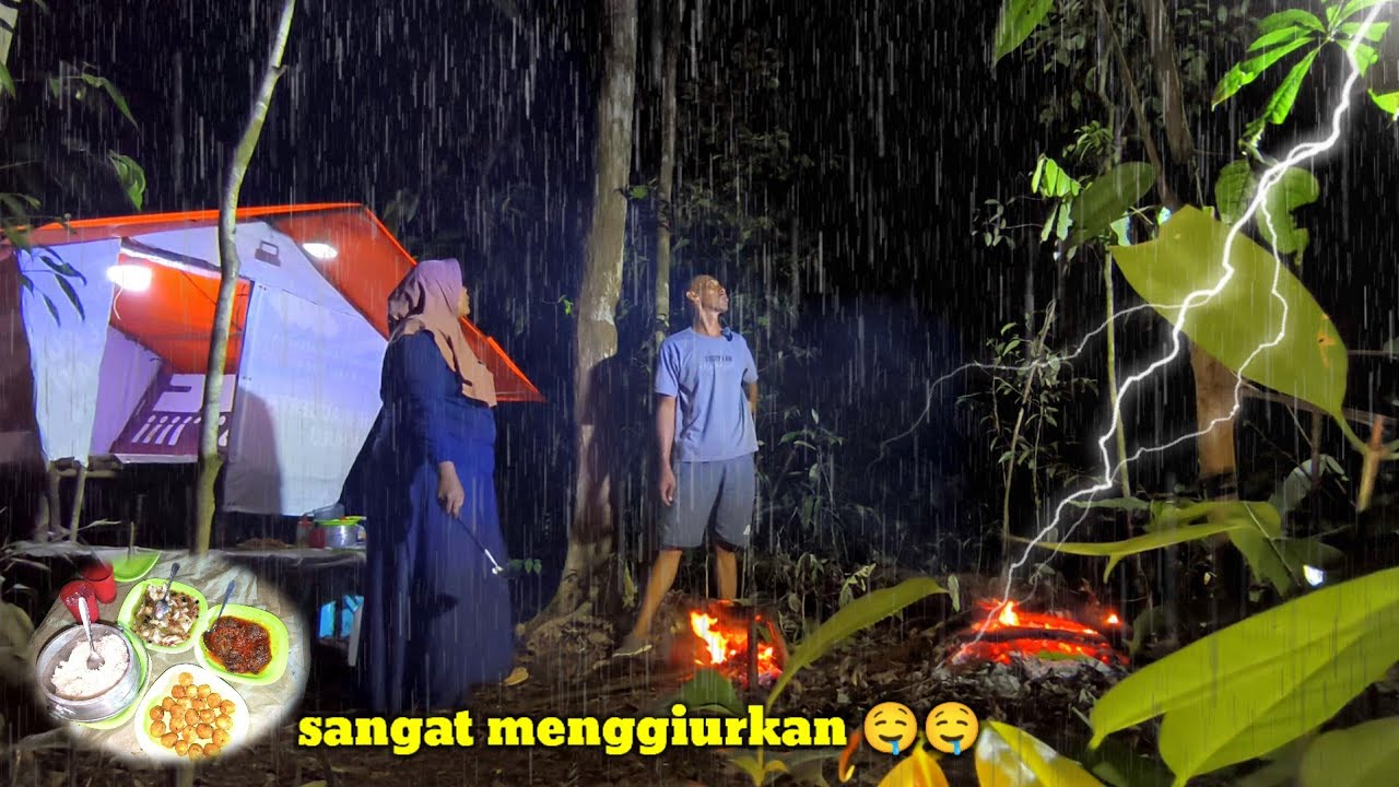 camping diguyur hujan deras tengah malam..menu joss dendeng batokok dan ubi bola 😋