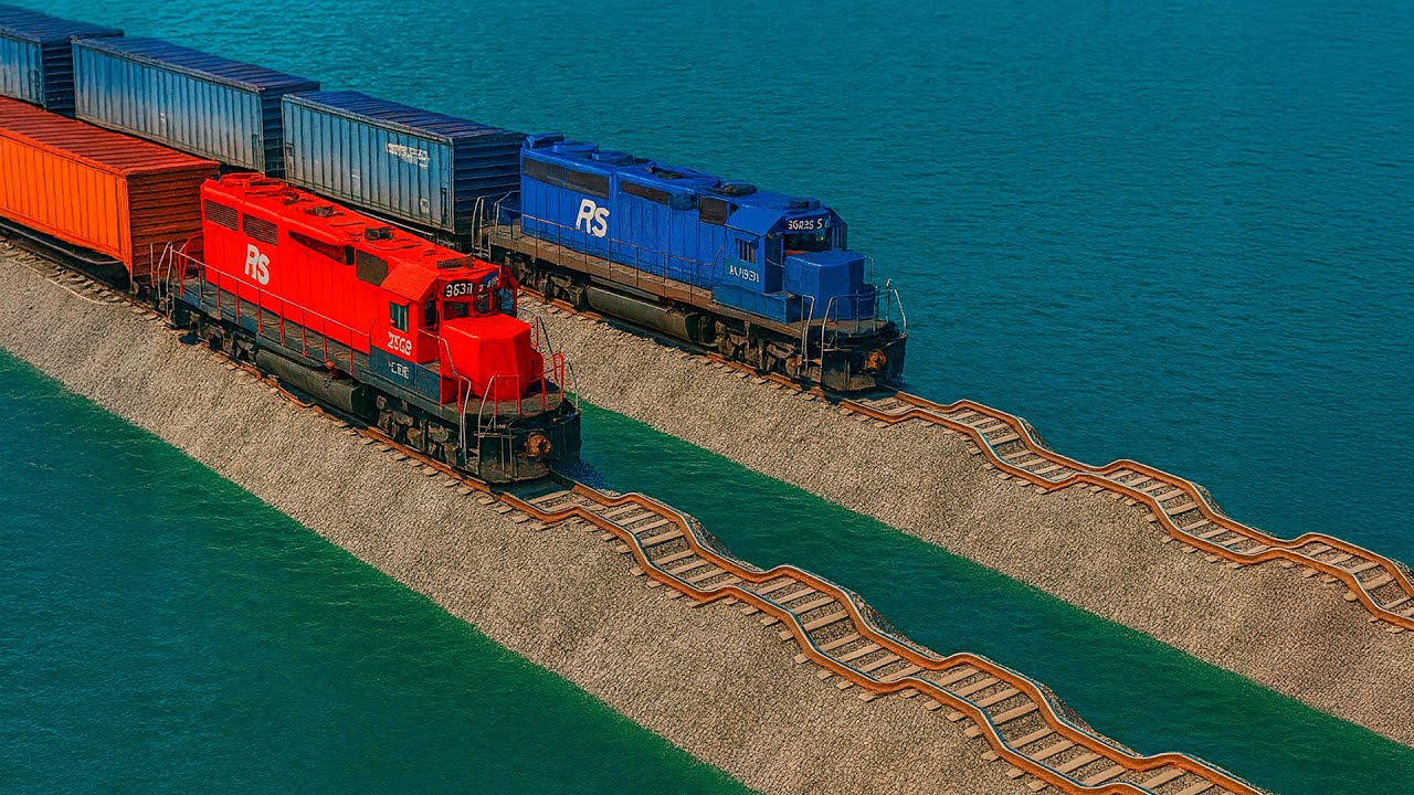 Double Colorful Train Vs Double Wavy Impossible Weird Rail Tracks Crossing Deepwater | BeamNG.drive