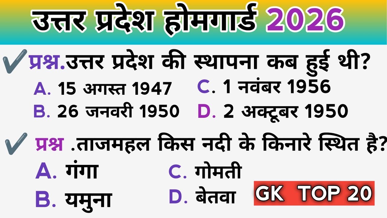 UP Home Guard Bharti 2026 | TOP 20 GK GS MCQ | सबसे महत्वपूर्ण प्रश्न | पक्का पेपर