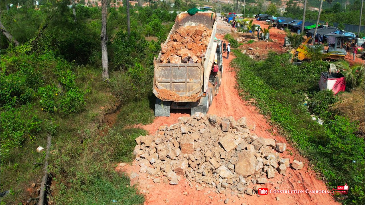 Super! Komatsu Bulldozer Clearing Land And Building Road With Hyundai Dump Trucks  Dumping Rocks