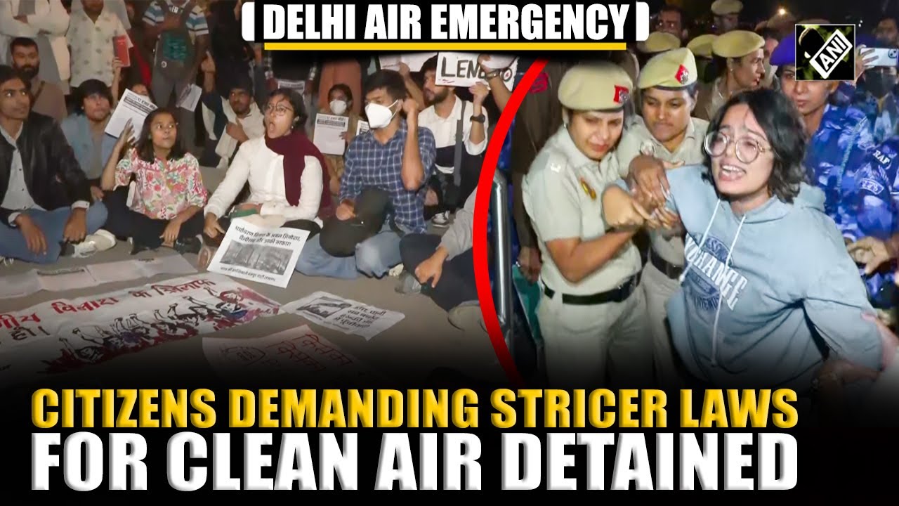 Police detains protestors at India Gate demanding stricter policies to curb air pollution in Delhi