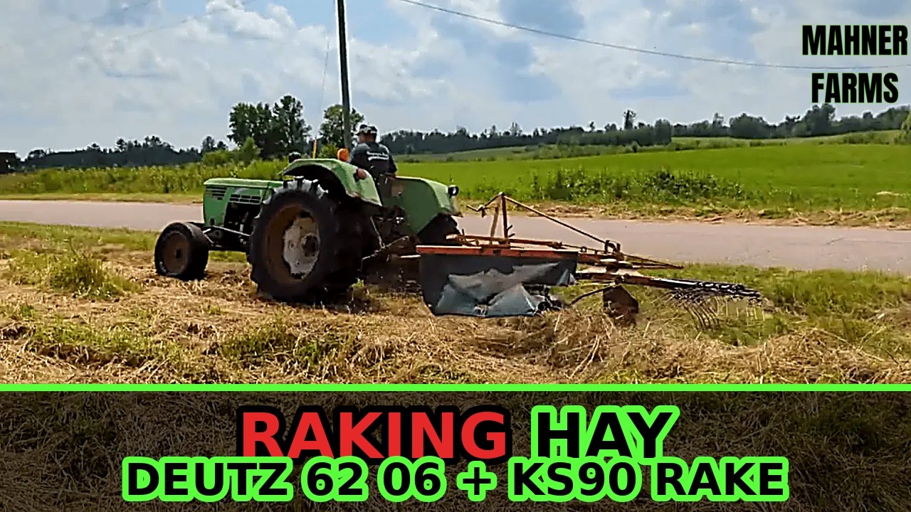 Сгребание сена роторными граблями Deutz 62 06 и KS90.