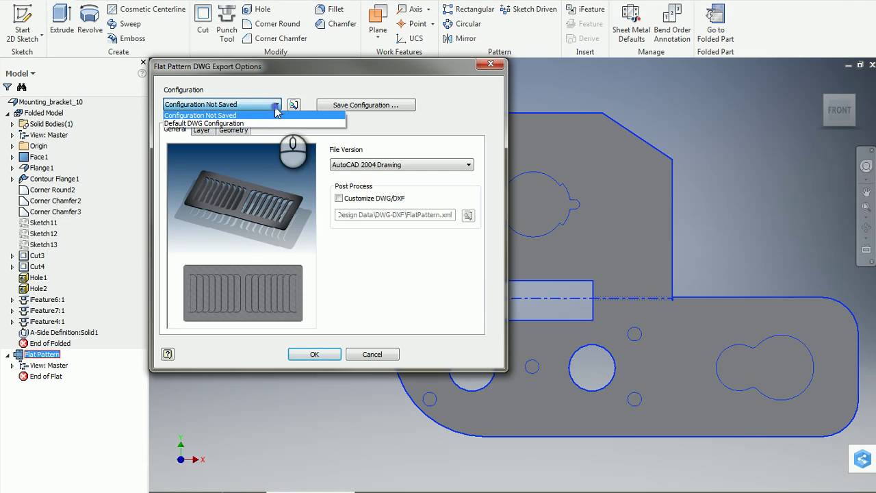 Inventor Sheet Metal Save Flat Pattern as DWGDXF