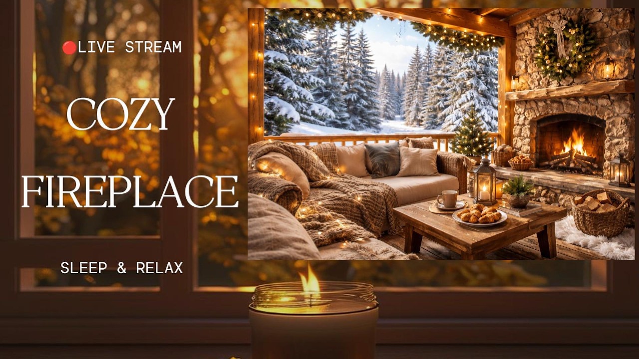 Cozy Fireplace & Soft Piano Live 🔴❄️ Winter Cabin Ambience for Sleep, Relax & Study