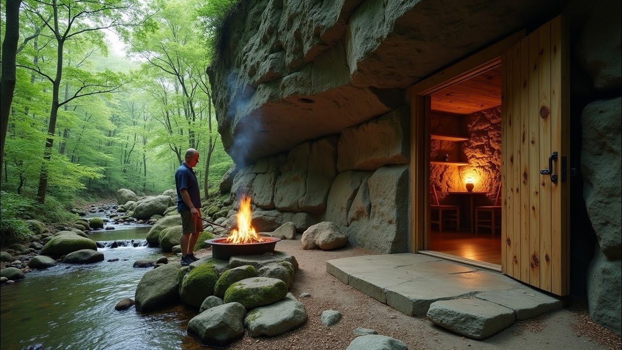 Build a Warm and Cozy Cave with Kitchen for Survival in 30 days, Water Wheel, fish trap, stone tools