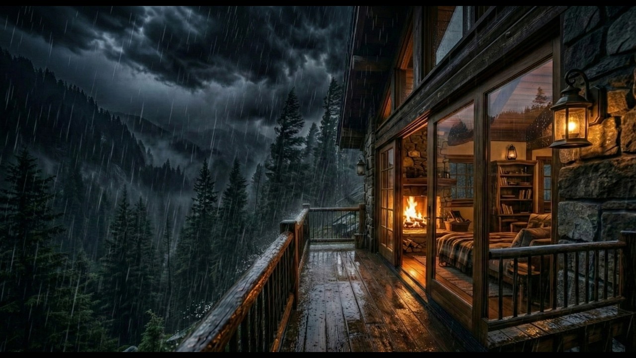 Cozy Mountain Cabin During a Rainstorm 🌧️ Fireplace & Thunder Sounds (4 Hours)