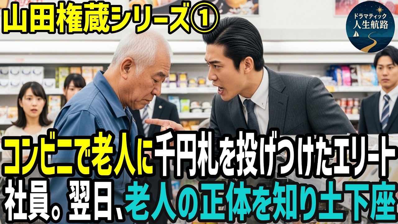 【スカッと】コンビニで「泥だらけの底辺は消えろ」と作業服の老人を見下し、千円札を投げつけたエリート社員。数日後、大企業の会議室で老人の正体を知り顔面蒼白で崩れ落ち…【山田権蔵シリーズ①】