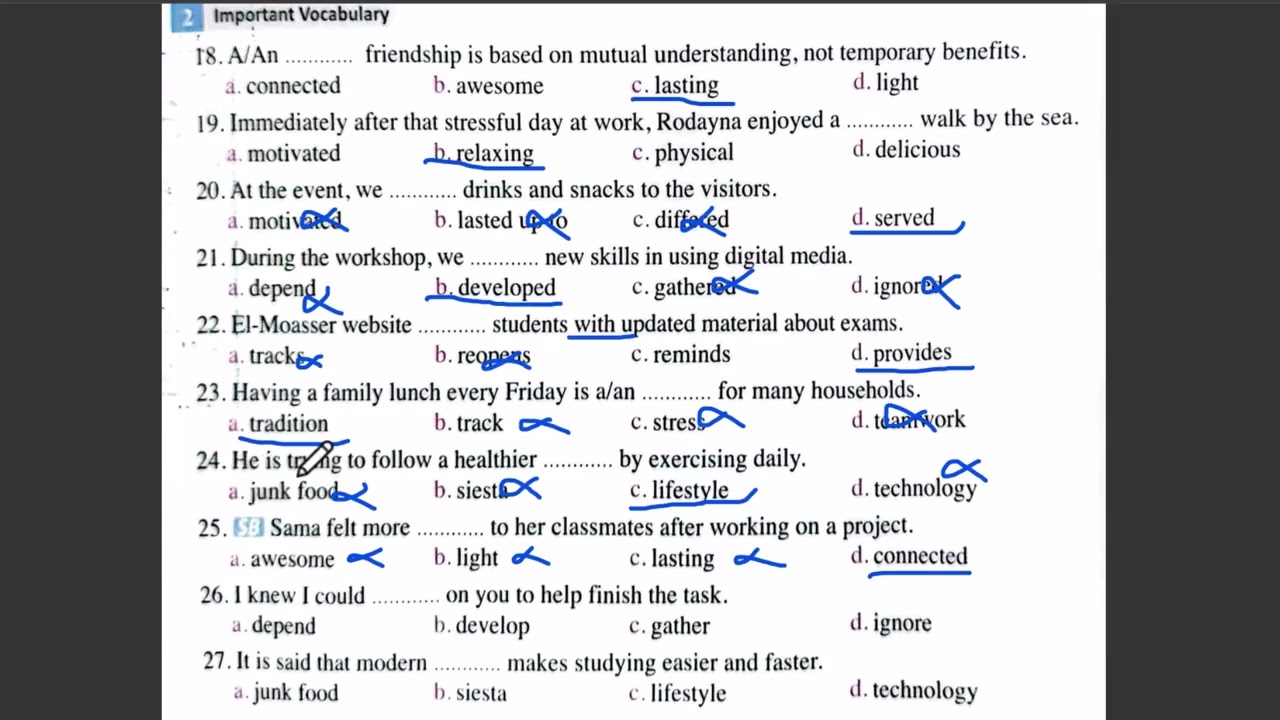 حل اسئلة كلمات الدرس الاول والثانى الوحدة السابعة الترم الثانى من كتاب المعاصر اولى ثانوى 2026