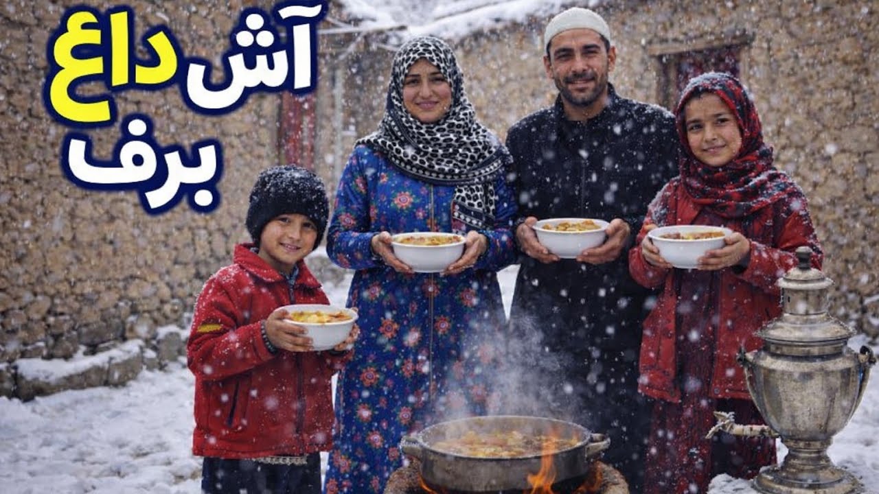 🏡 آش داغ شلغم و زردک دار وطنی در خانه گلی | هوای برفی قریه ❄️