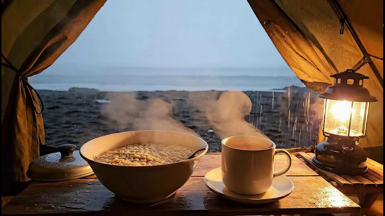 Solo Beach Camping in Heavy Rain: Ramen & ASMR Waves 🌧️ #SoloCamping