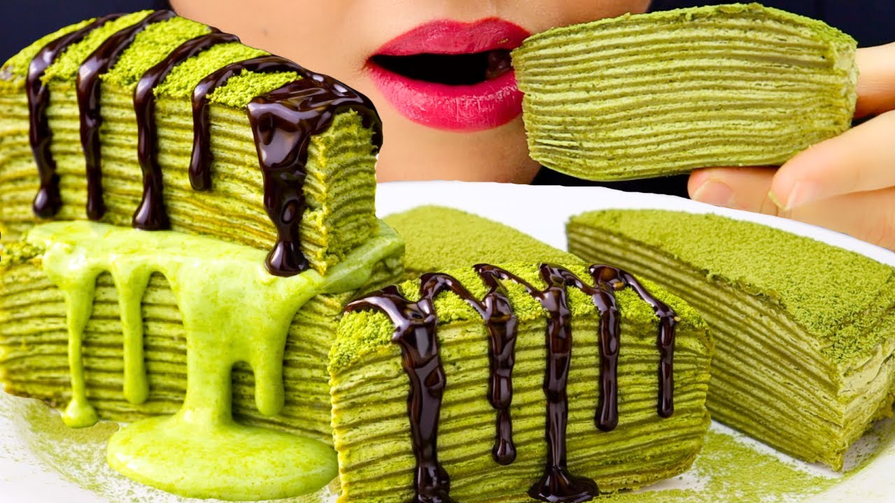 ASMR Matcha Crepe Cake Soft Layers + Chocolate Drip Eating Sounds