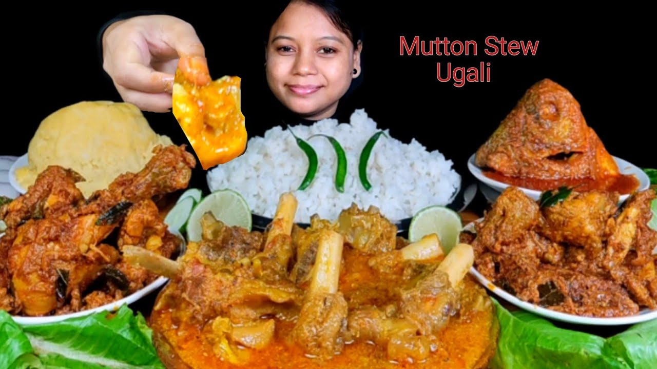 EATING MUTTON CURRY (MUTTON STEW), CHICKEN PEPPER FRY, FISH HEAD CURRY, UGALI & RICE | ASMR MUKBANG