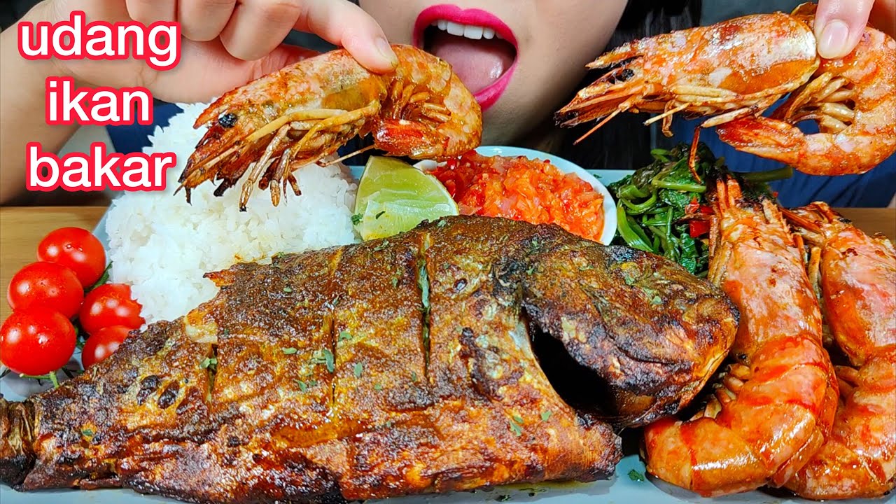 MAKAN UDANG IKAN BAKAR *GRILLED FISH & SHRIMP, SPINACH ASMR MASSIVE Eating Sounds
