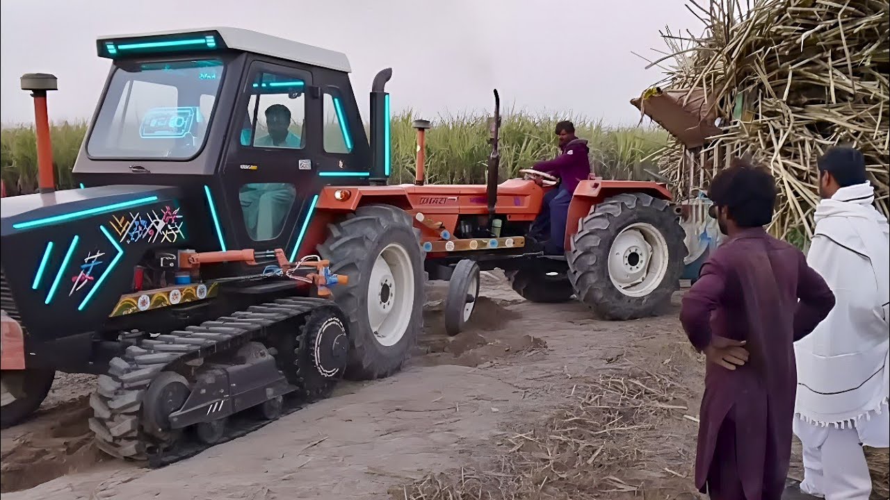 Unique tractor pulling sugarcane trolley | alghazi tractor unbelievable power 