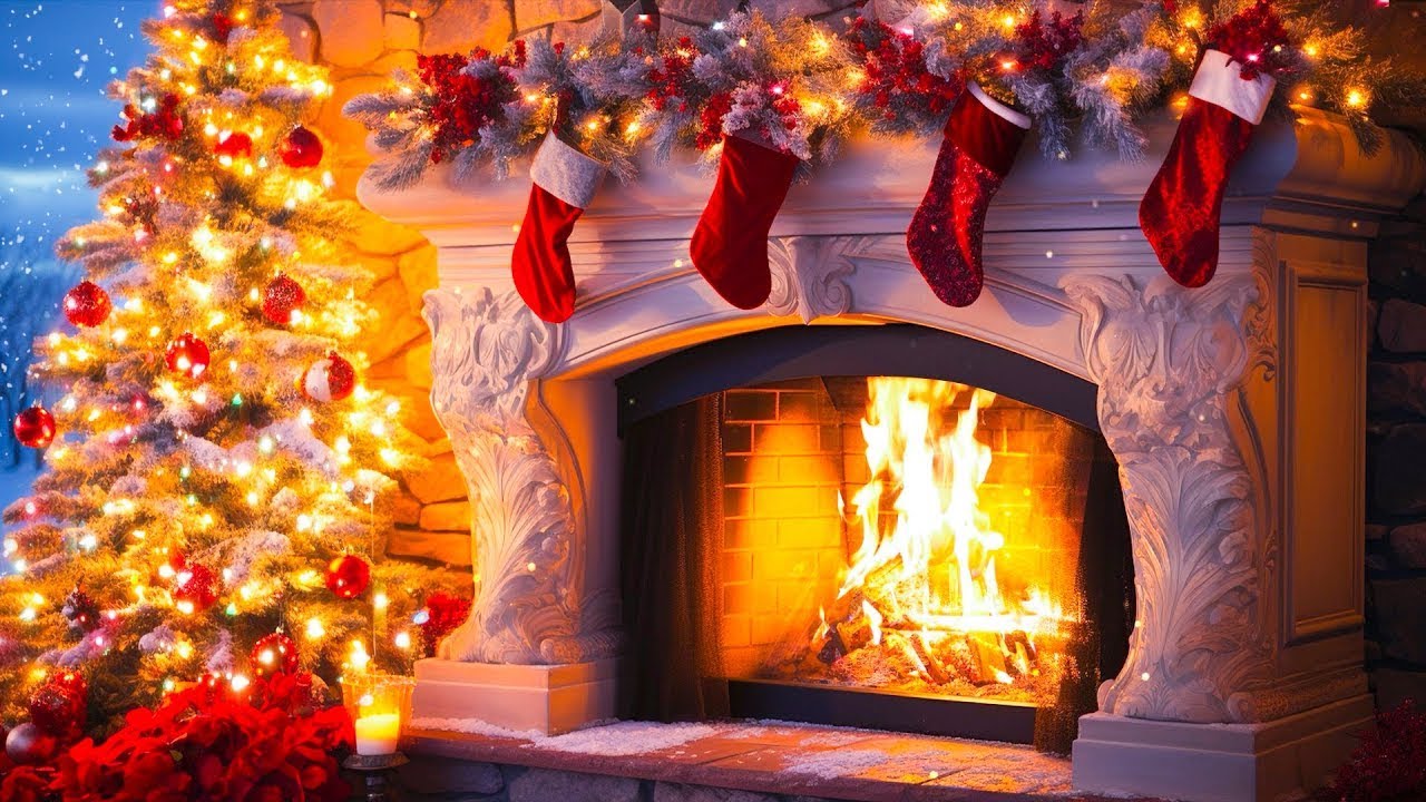 Relaxing Christmas Music & Rustic Fireplace Visuals | 3 Hours No Ads