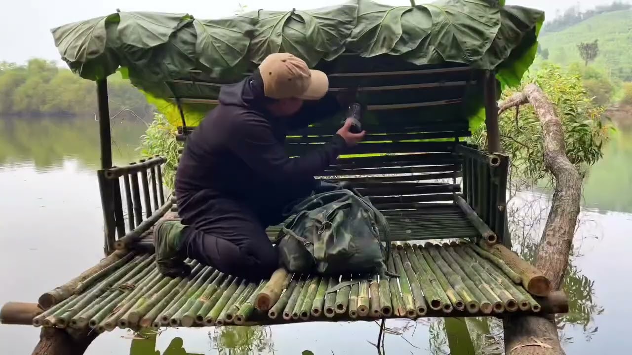 Pitching a tent and survival fishing