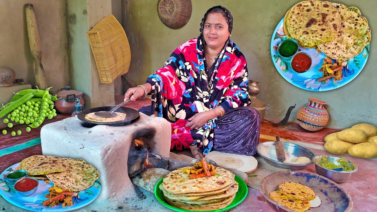 गाँव की आलू मटर पराठा 😋 | बिना प्याज लहसुन | Village Style Recipe | No Onion Garlic Paratha