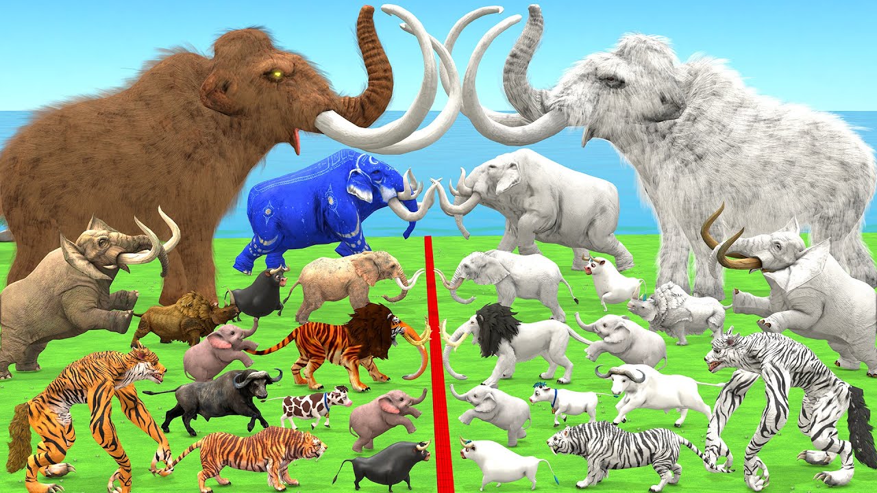 EPIC BATTLE Cenozoic Hybrid Beasts Vs Albino Itself Size Woolly Mammoth Vs Albino Elephant Lion Bull