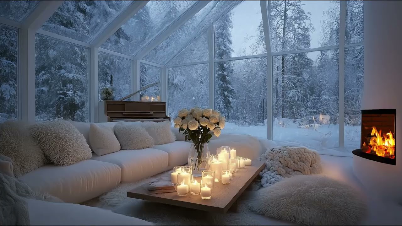 🕯️ Gentle Winter Night Piano | Snowy Glass Lounge & Warm Fireplace | 3 Hours Sleep Relax
