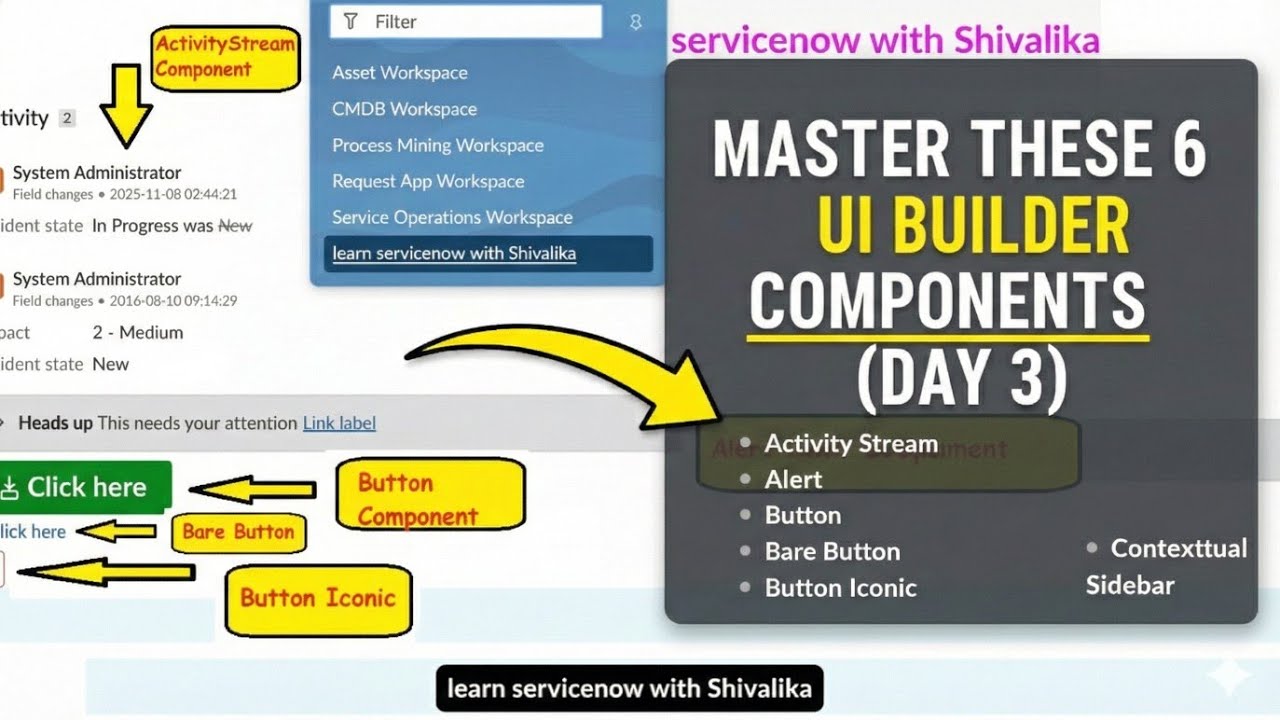 ServiceNow UI Builder | День 3 | Изучение 6 распространённых компонентов | Лента активности, опов...