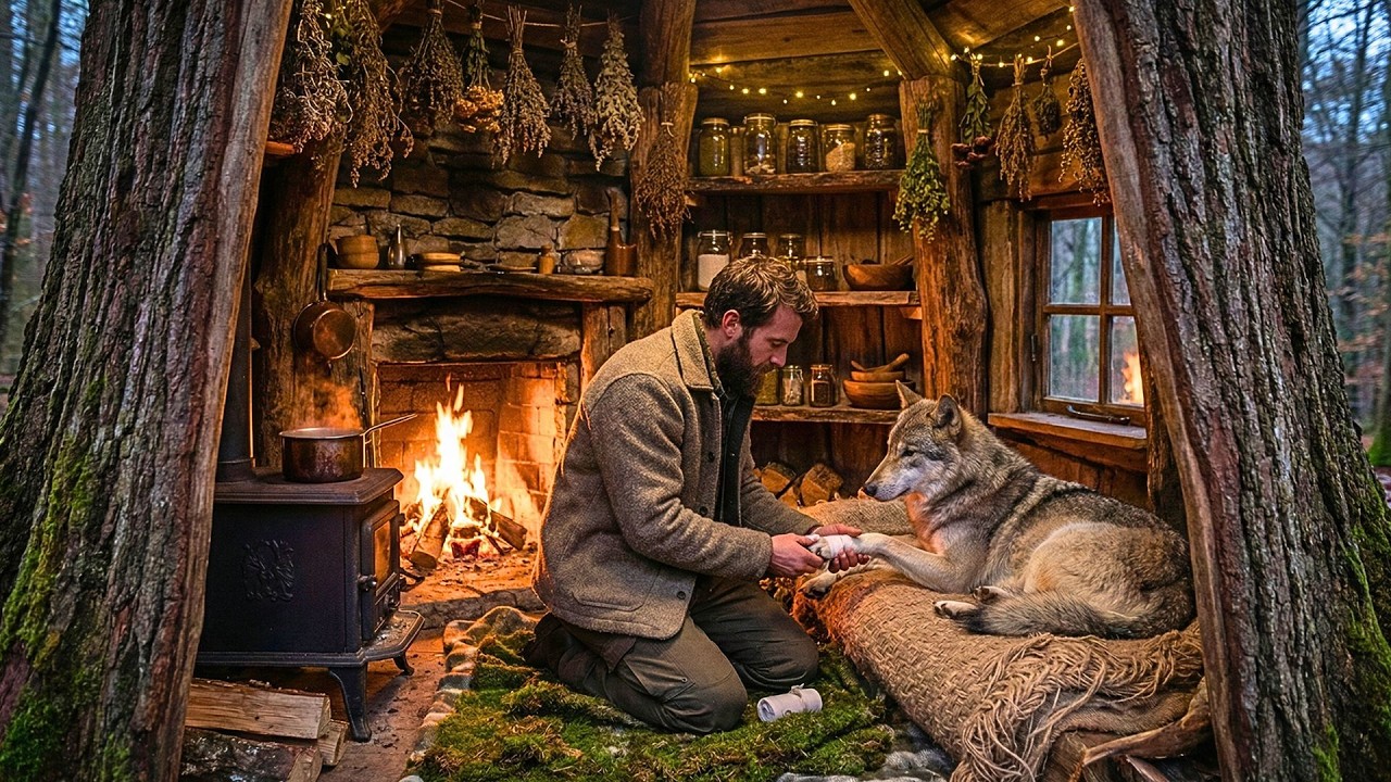 He found an injured wolf!And built secret healing sanctuary inside a hollow tree to save him (ASMR)